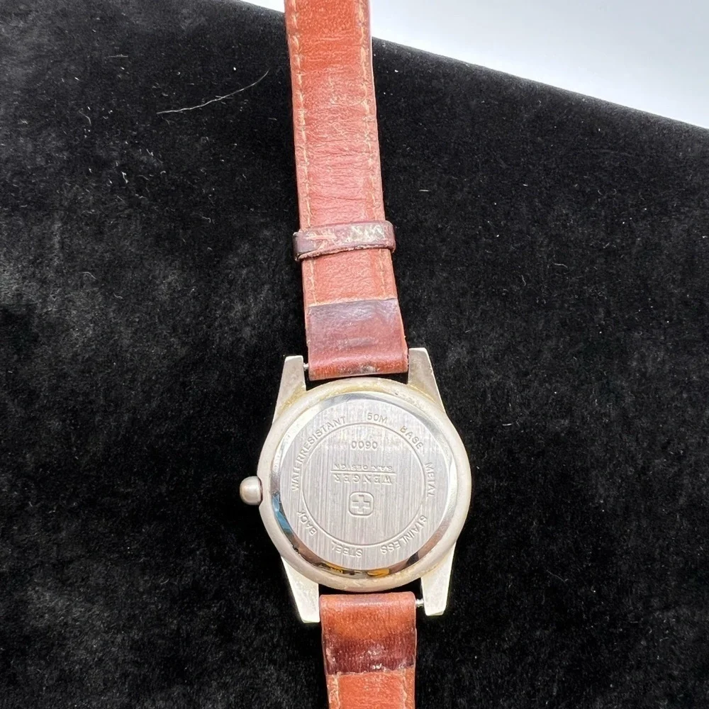 Vintage Wenger Swiss Quartz Field Watch Date Stainless Steel Leather Band